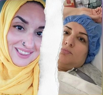 Two photos of Essma side by side: smiling in a yellow hijab before her illness, and lying in a hospital bed in a surgical cap.