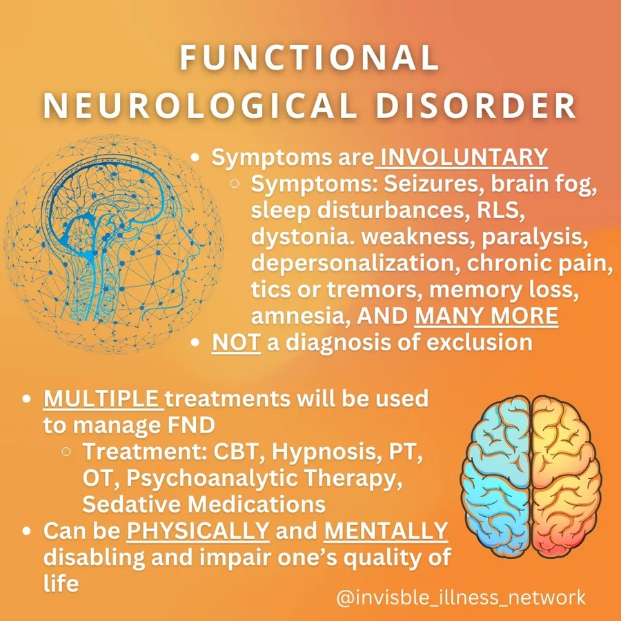 Functional Neurological Disorder: symptoms are involuntary and include seizures, brain fog, sleep disturbances, dystonia, weakness, paralysis, chronic pain, tremors, memory loss and many more. It is not a diagnosis of exclusion. Multiple treatments are used, including CBT, physical and occupational therapy. It can be physically and mentally disabling.